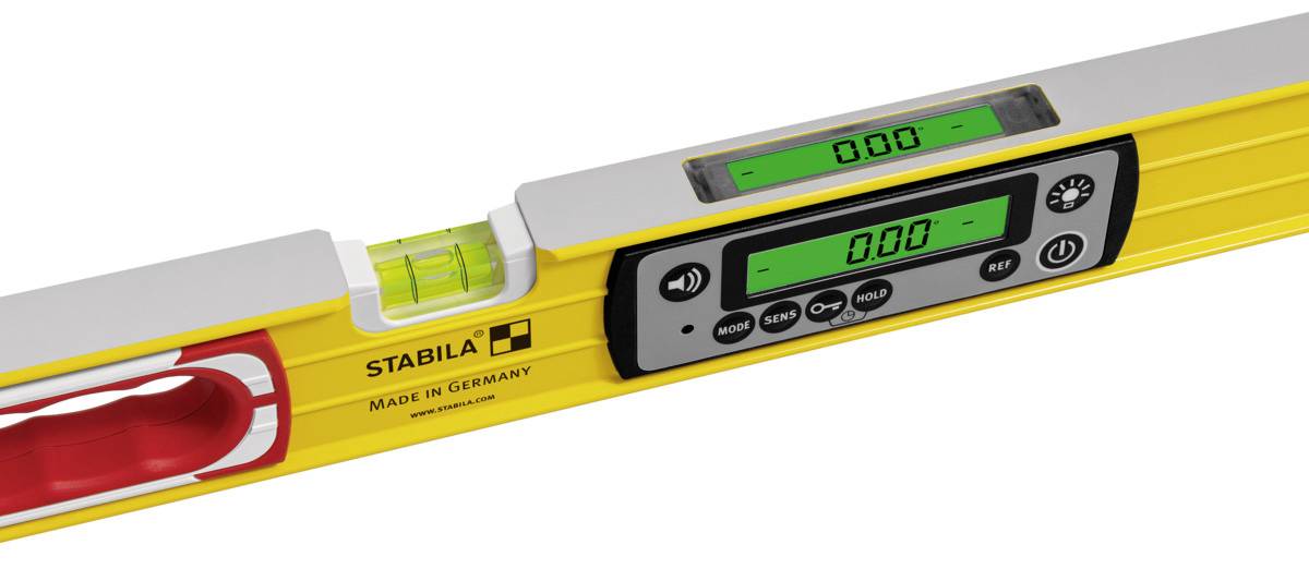 A yellow spirit level with a digital display, showing measurement values. Brand name 'Stabila', manufactured in Germany.