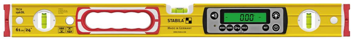 Digital spirit level in a yellow casing with digital and analogue displays, red handles, and brand logo.