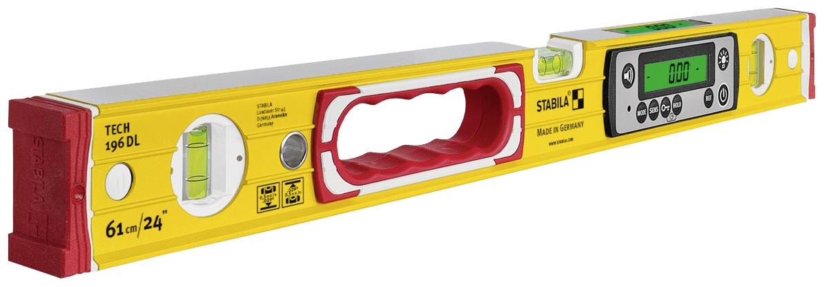 Digital spirit level with yellow body, Stabila brand, showing '0.00°', built-in vials, centre grip, 61 cm long.