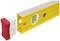 Spirit level with a yellow body, a round viewing window in the middle and a removable red end piece. Suitable for levelling.