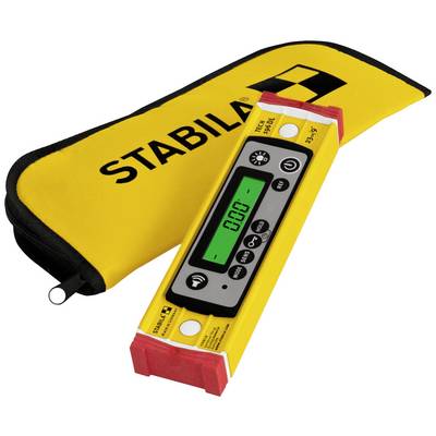 Digital spirit level with green screen showing '0.00°'. Yellow case with 'Stabila' logo beside it.