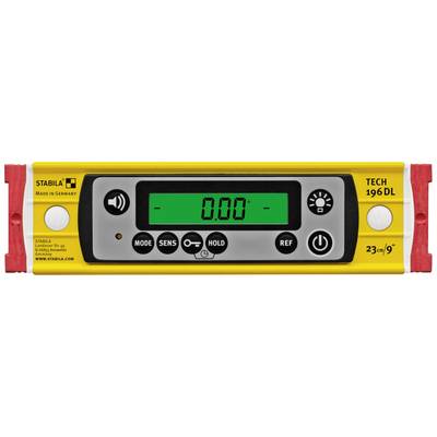 Electronic spirit level in yellow with a green display showing '0.00' degrees. Brand name and model details are visible.