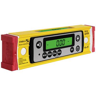 Digital spirit level and inclinometer with a yellow housing, red end protection and a digital display showing '0.00'.