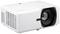 White projector with large lens and ventilation slots on the side. Brand name on top of the casing.
