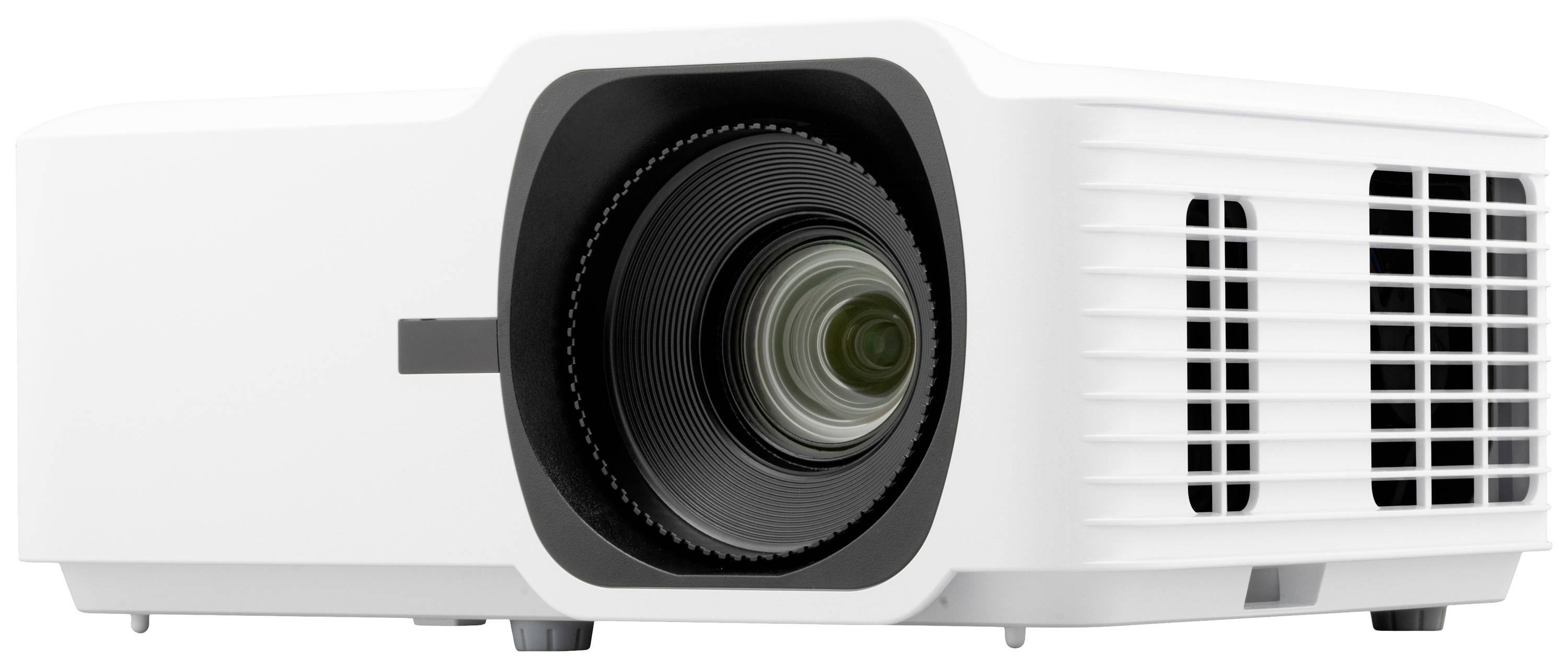 A white projector with a large lens on the left side and ventilation slots on the right side.