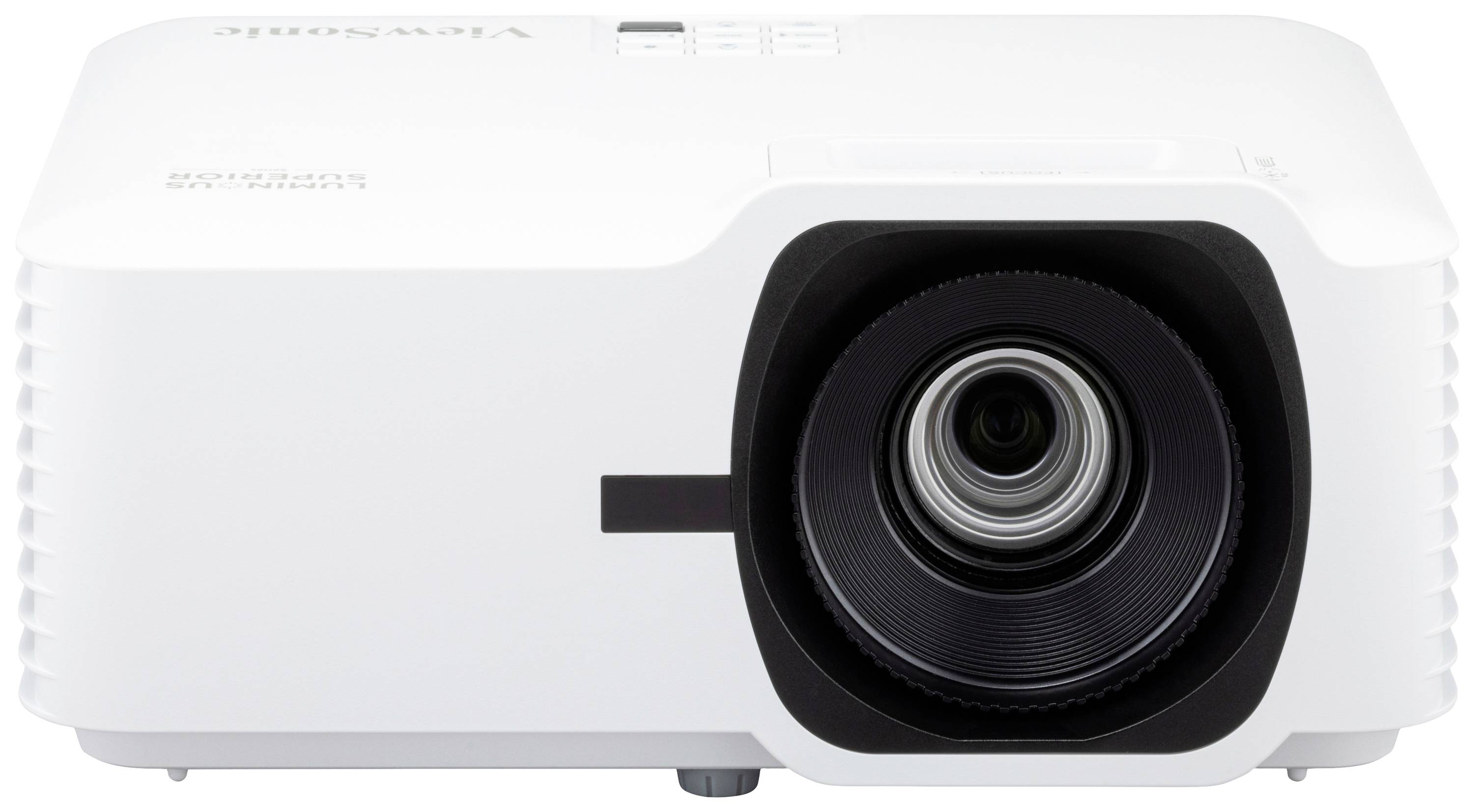 White multimedia projector with large lens on the front. Suitable for presentations and home cinema projections.