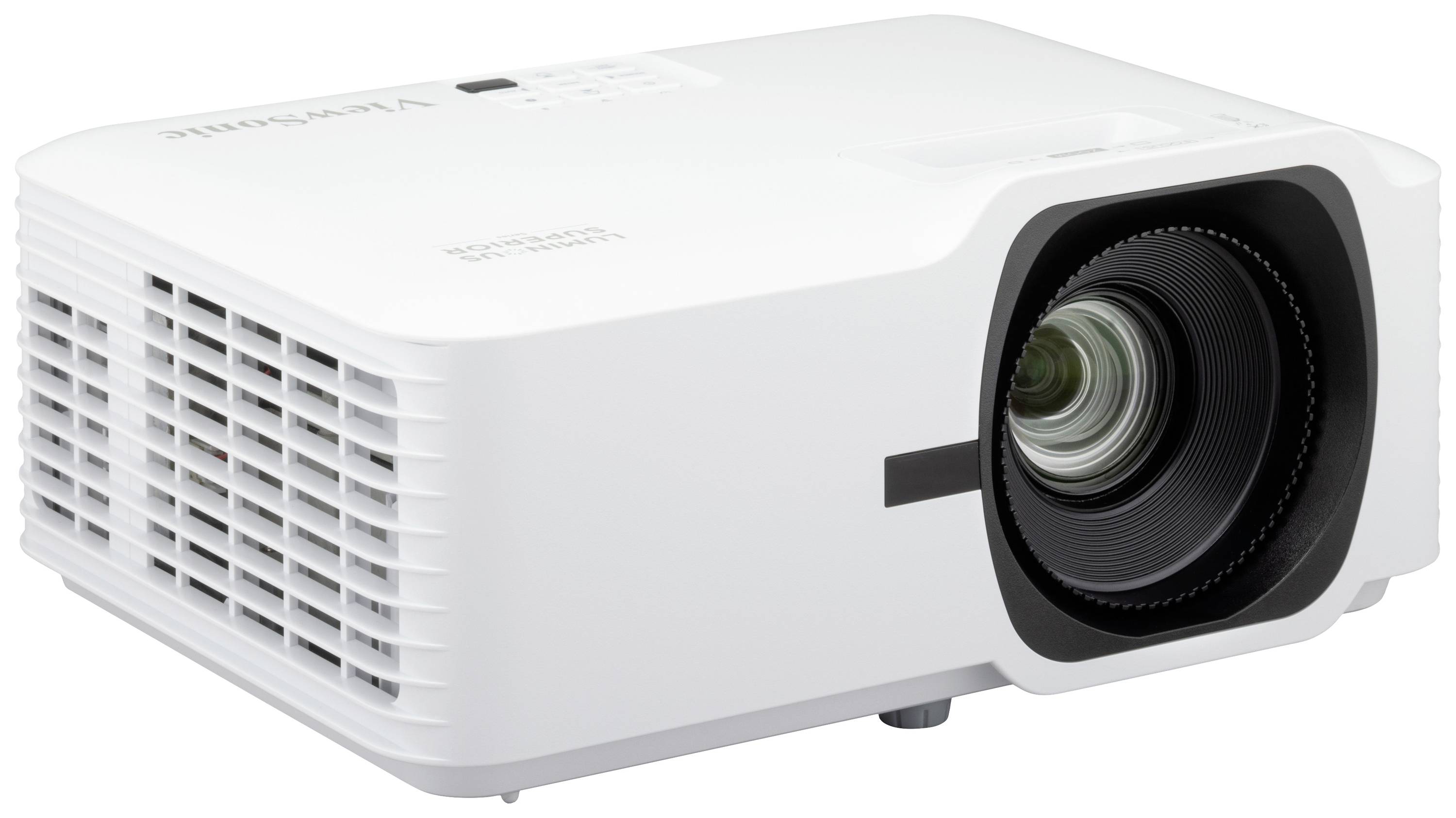 White digital projector with a large lens on the right side. Device is rectangular with ventilation slots on the left side.