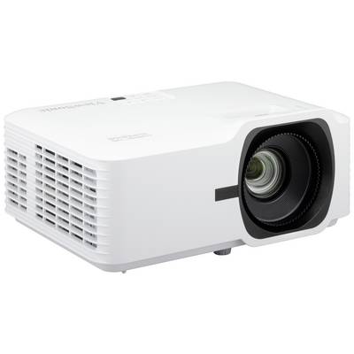 White digital projector with a large lens on the right side. Device is rectangular with ventilation slots on the left side.