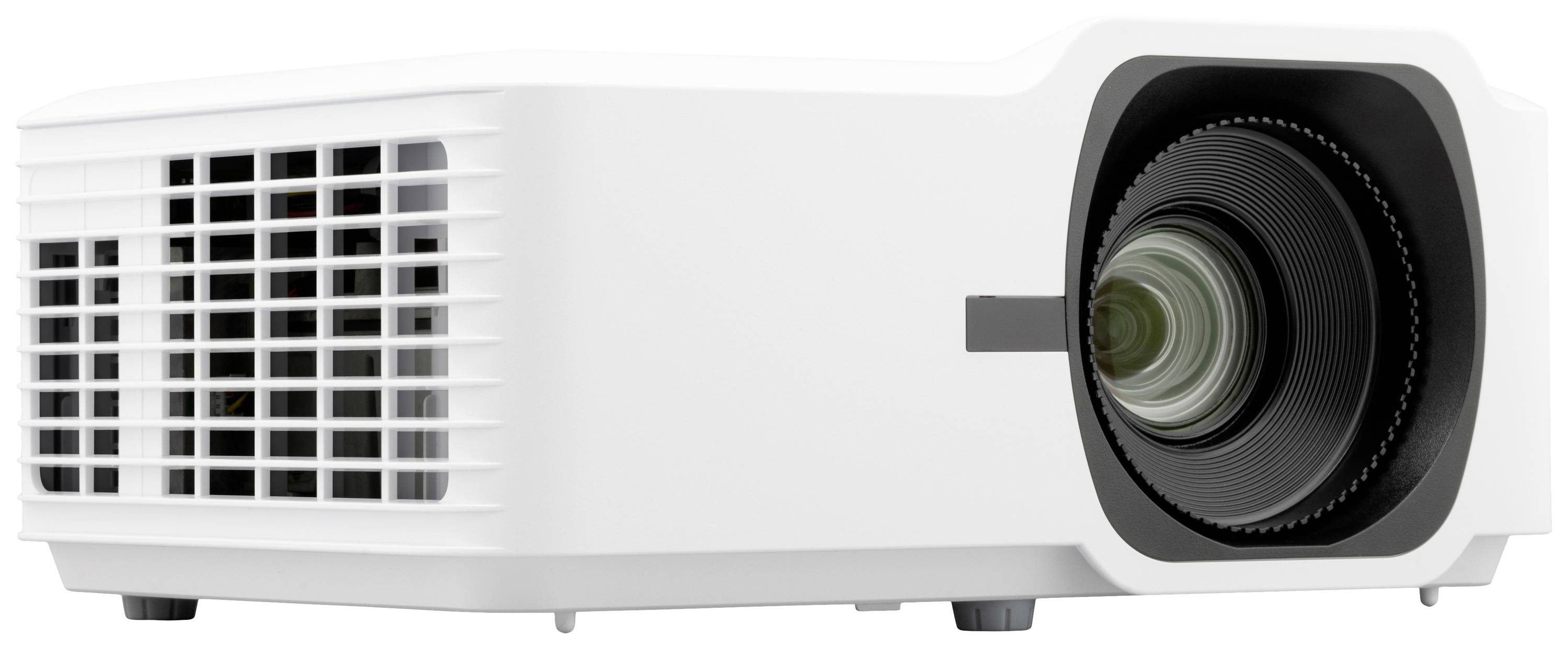 A white projector with a square casing and visible lens. The device is positioned on a flat surface, facing to the right.