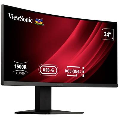 A curved 34-inch monitor from ViewSonic with USB-C port and docking function, 1500R curvature, black stand.