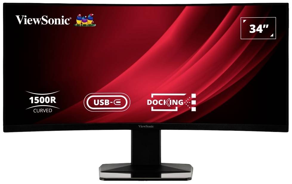A curved 34-inch monitor from ViewSonic, 1500R curvature, USB-C and docking functionality, black casing, red background.
