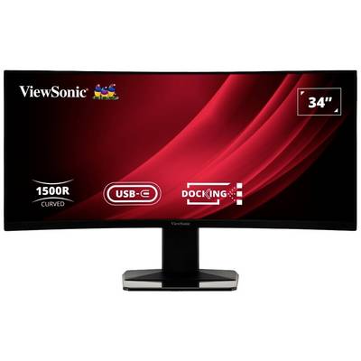 A curved 34-inch monitor from ViewSonic, 1500R curvature, USB-C and docking functionality, black casing, red background.