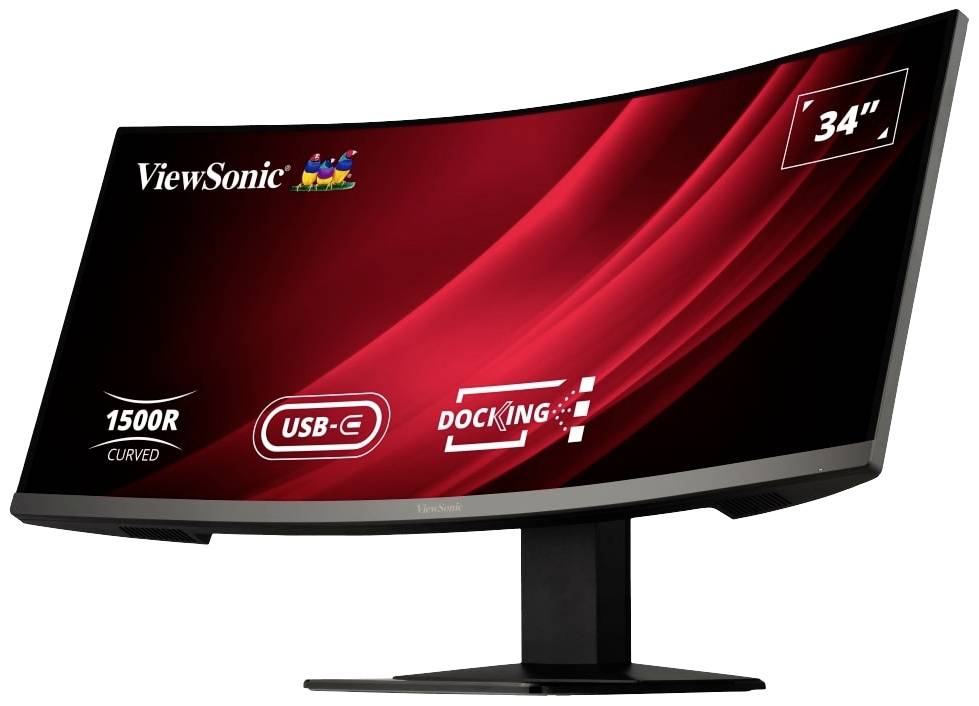 Curved 34-inch monitor by ViewSonic, model 1500R, with USB-C and docking functionality. Display showing red graphics.
