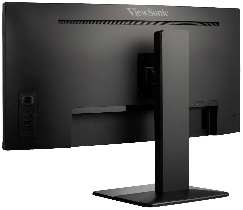 A black ViewSonic monitor from behind, showing the stand, ventilation slots, and connections on the left side.