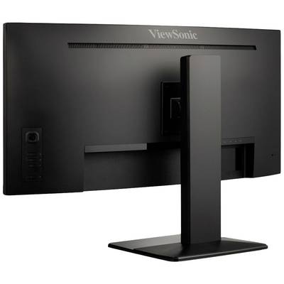 A black ViewSonic monitor from behind, showing the stand, ventilation slots, and connections on the left side.
