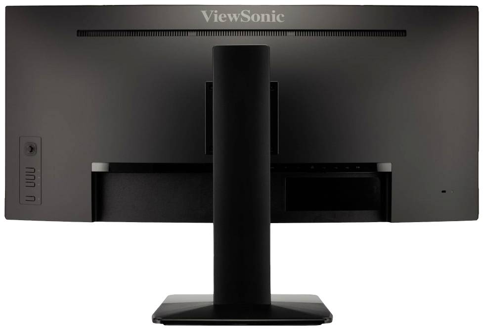 Rear view of a black ViewSonic monitor with a slim stand, showing no ports or visible buttons.