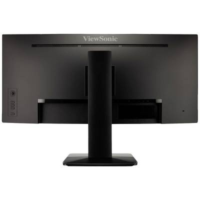 Rear view of a black ViewSonic monitor with a slim stand, showing no ports or visible buttons.