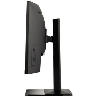 Side view of a flat-screen monitor with a black bezel, mounted on a rectangular stand.