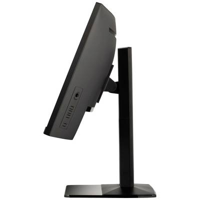 A black computer monitor from the side, with an adjustable stand, on a white background.