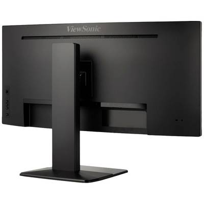 'ViewSonic monitor from behind, showing stand and connections, simple black design. No screen content visible.'