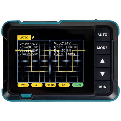 'Oscilloscope display shows signal with Vpp 7.97V, frequency 1.000 kHz and duty cycle 50.46%. Buttons on the side for AUTO, MODE, RUN.'