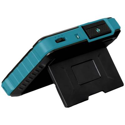 A black and turquoise portable device with a built-in stand, viewed from the side. A switch is located on the side of the device.