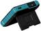 A black and turquoise portable device with a built-in stand, viewed from the side. A switch is located on the side of the device.