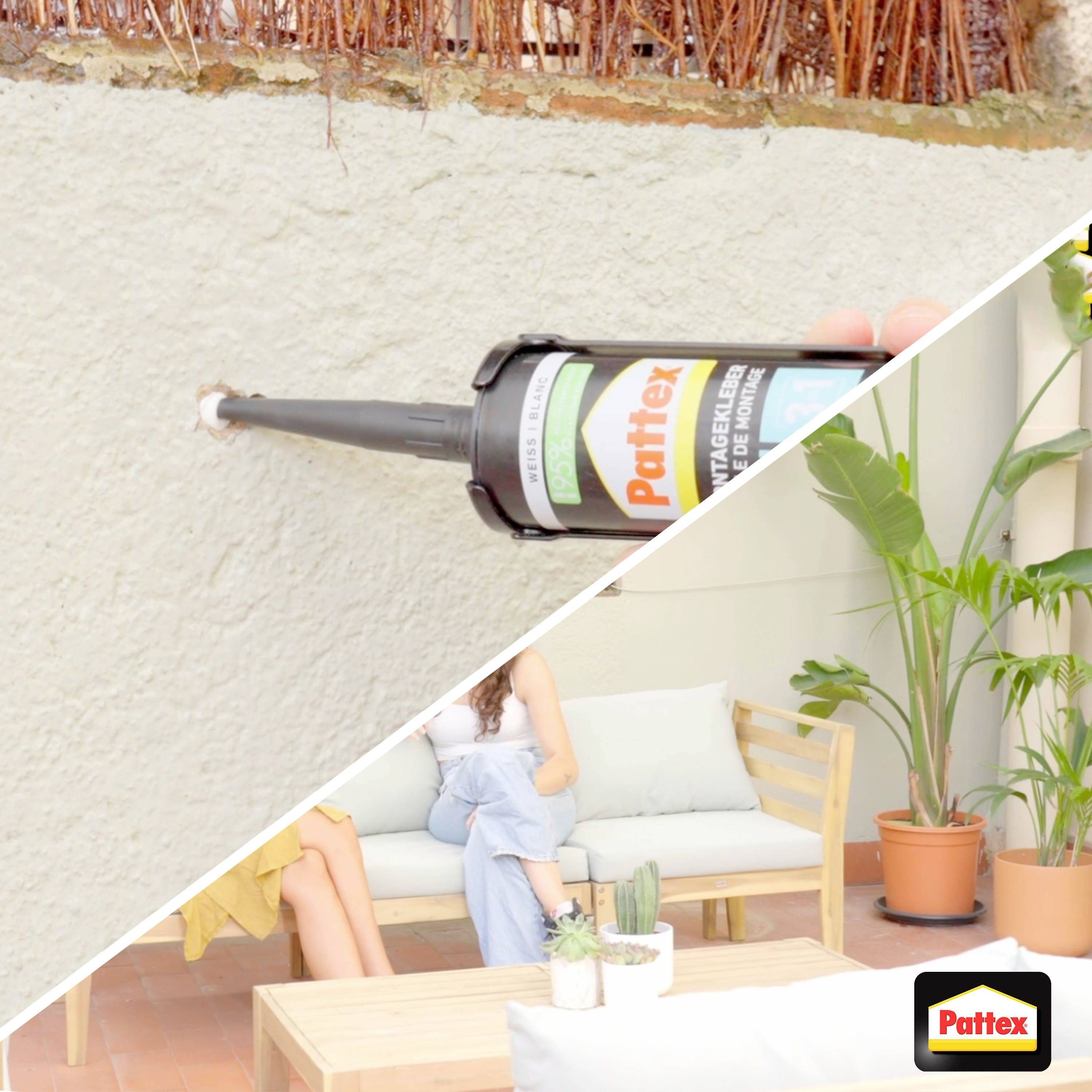 A person is repairing a crack in the wall with Pattex adhesive; below, a woman is sitting on a sofa on the terrace surrounded by plants.