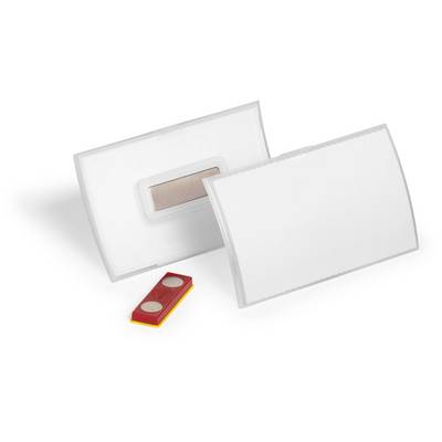 Two white, rectangular plastic signs and a small red plastic clip with two magnets. Signs are positioned at an angle to each other.