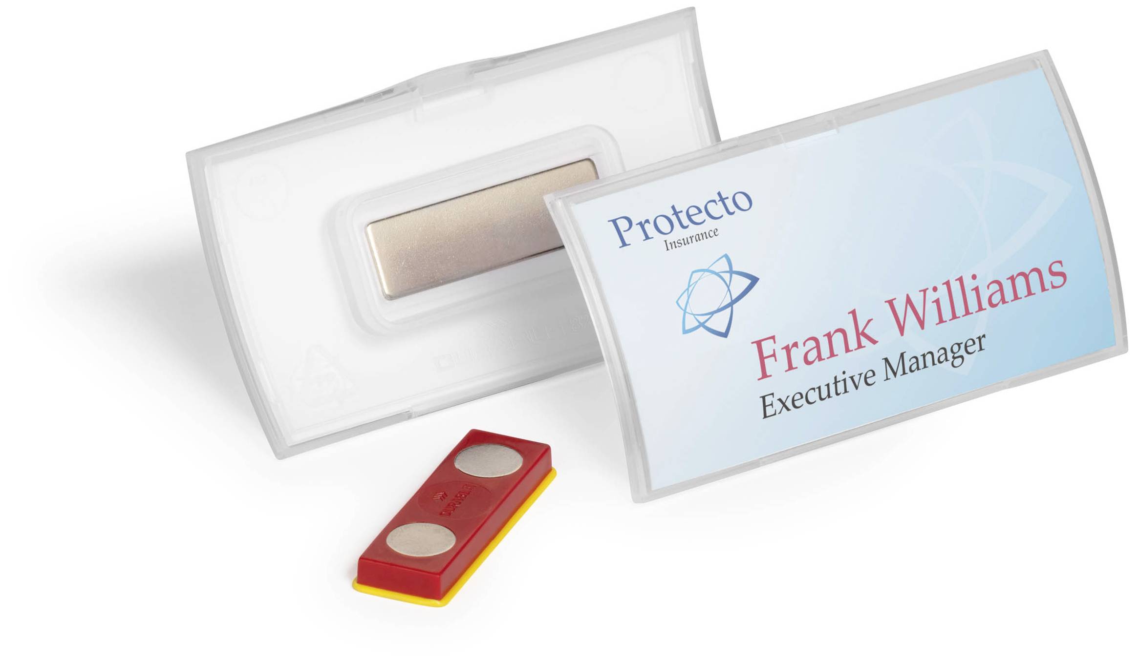Name badge for 'Frank Williams, Executive Manager' from Protecto. Next to the name badge is a red holder with magnets.