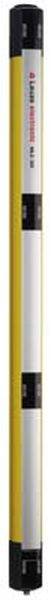 A vertical safety light curtain with a yellow housing and black end caps, used for machine safety.