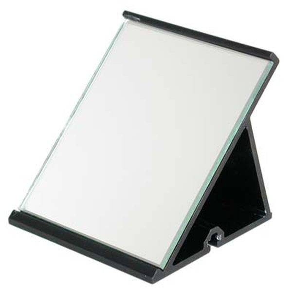 An adjustable book stand made of black material with an angled surface, suitable for holding books or documents.
