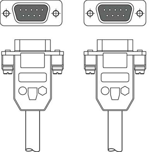 Two serial RS-232 connectors, each with nine pins, shown in top-down and side view.