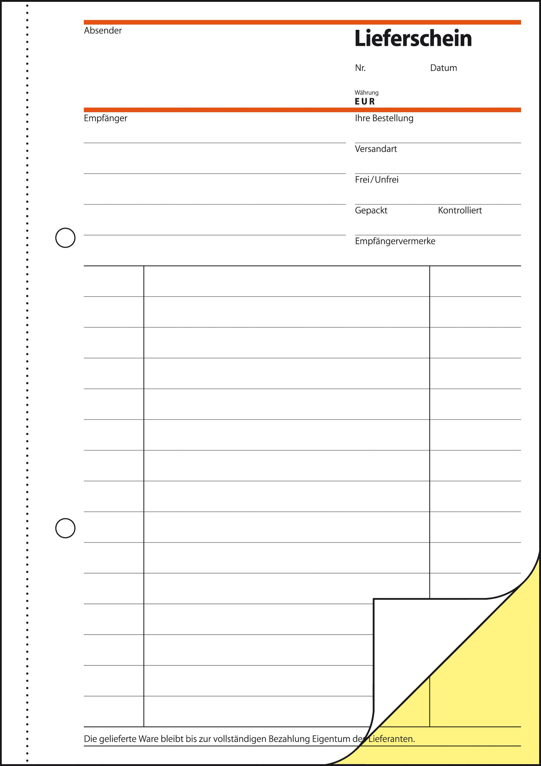 Delivery note with fields for sender, recipient, order number and details. Hole-punched on the left margin, with a square yellow sticky note attached.