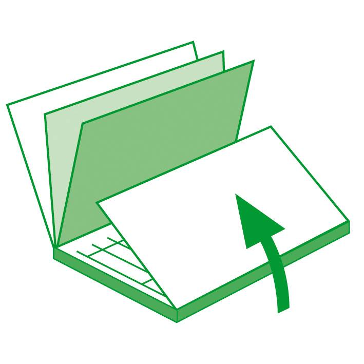 A green arrow points to an open ring binder with extendable pages.