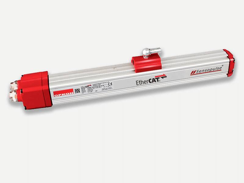 A sensor with a red and silver casing, printed with 'EtherCAT' and logos, set against a light background.