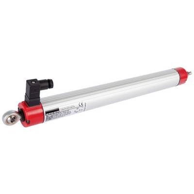 Linear position measuring device made of metal with red and black connectors. It has a cylindrical shape and apparently technical markings.