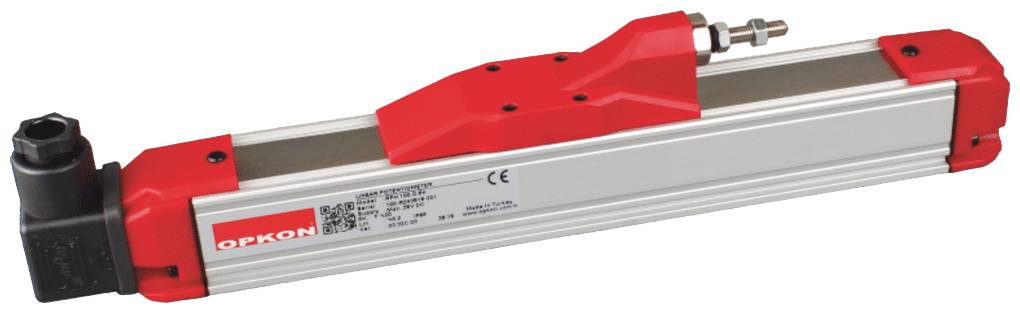 Sensor in a metal housing with red plastic at both ends, marked with 'OPKON'. Contains switching connections at the top and side.