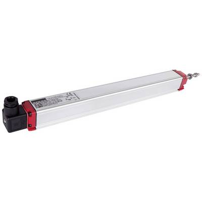 A rectangular linear sensor with a red head and black plug. Used for precise distance measurement in industrial applications.