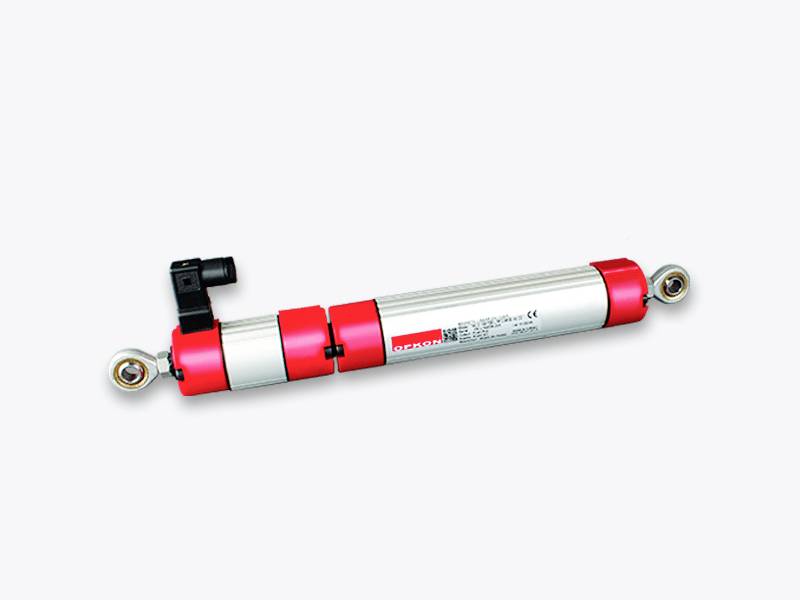 A red and silver linear position sensor with a black connector, suitable for precise measurements in technical applications.