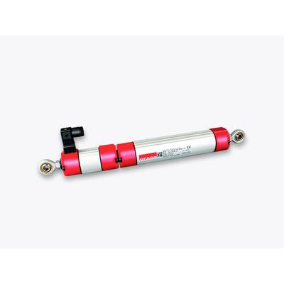 A linear displacement sensor with a red and silver housing, with connection devices at both ends. The sensor has an electrical connection.