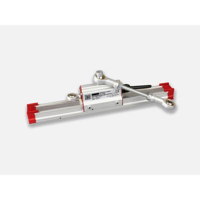 Linear measuring sensor with red end piece and silver casing, with rod and joint at the top, against a grey background.
