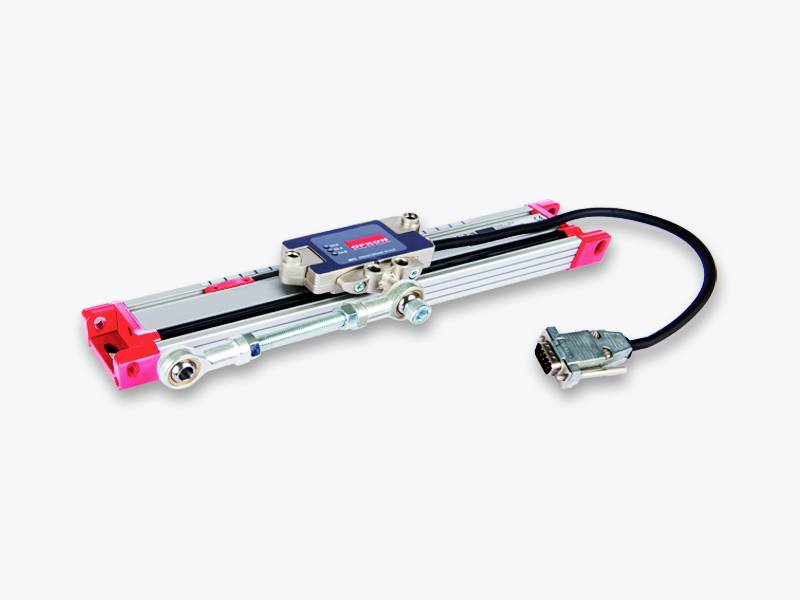 Metallic linear measuring device with cable and connector for precise measurements in industrial applications.