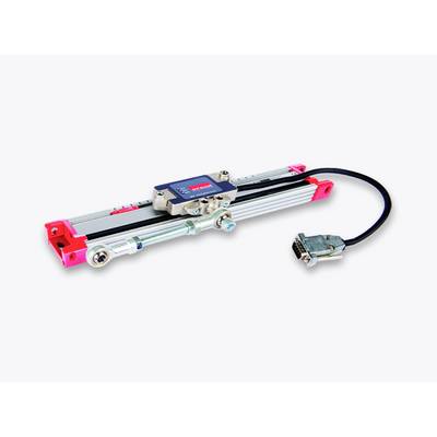 Linear measurement system with metal guide rail, sensor and cabling. Suitable for precise position determination in machine applications.