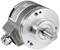 Metallic rotary encoder with a cylindrical housing and a rotatable axis in the centre; technical markings on the side.