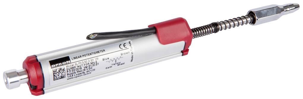 Linear potentiometer with a silver housing, red protective cover, spiral spring at one end, and manufacturer information printed on it.