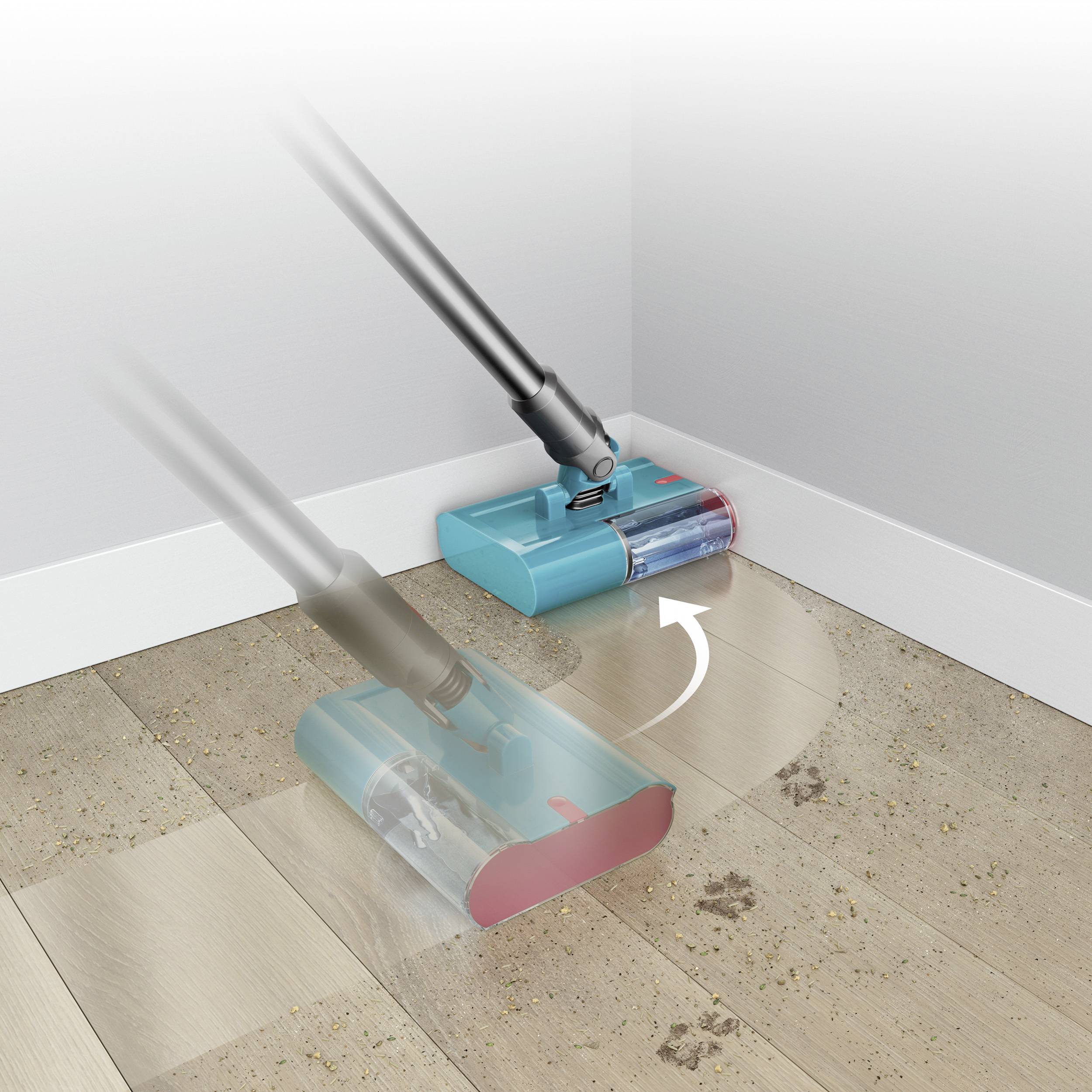 A vacuum cleaner sucks dirt and dust from a wooden floor. An arrow shows the vacuum cleaner's cleaning process.