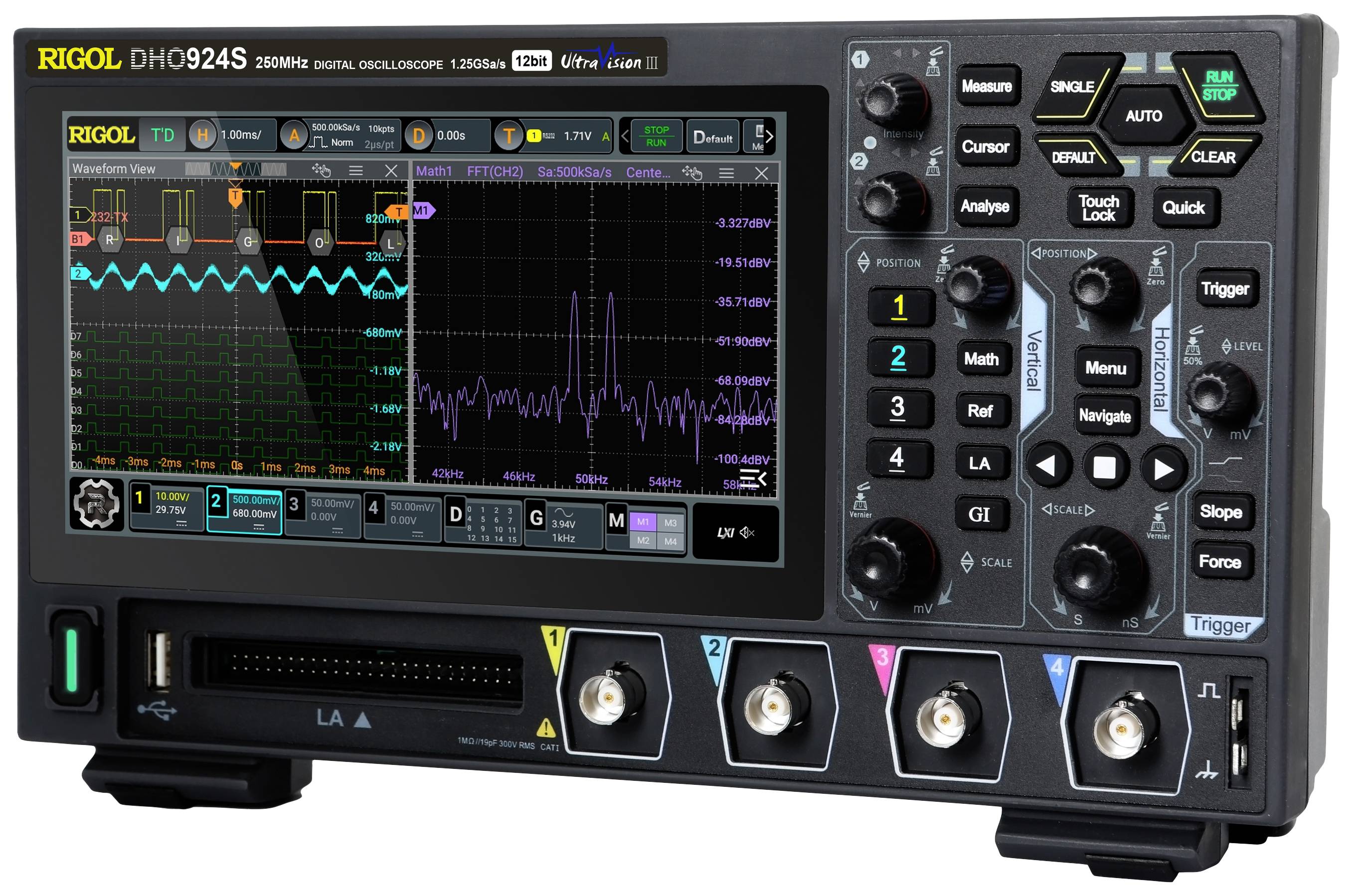 A digital oscilloscope with two visible waveform diagrams on the screen. Focus on measurements and control elements.