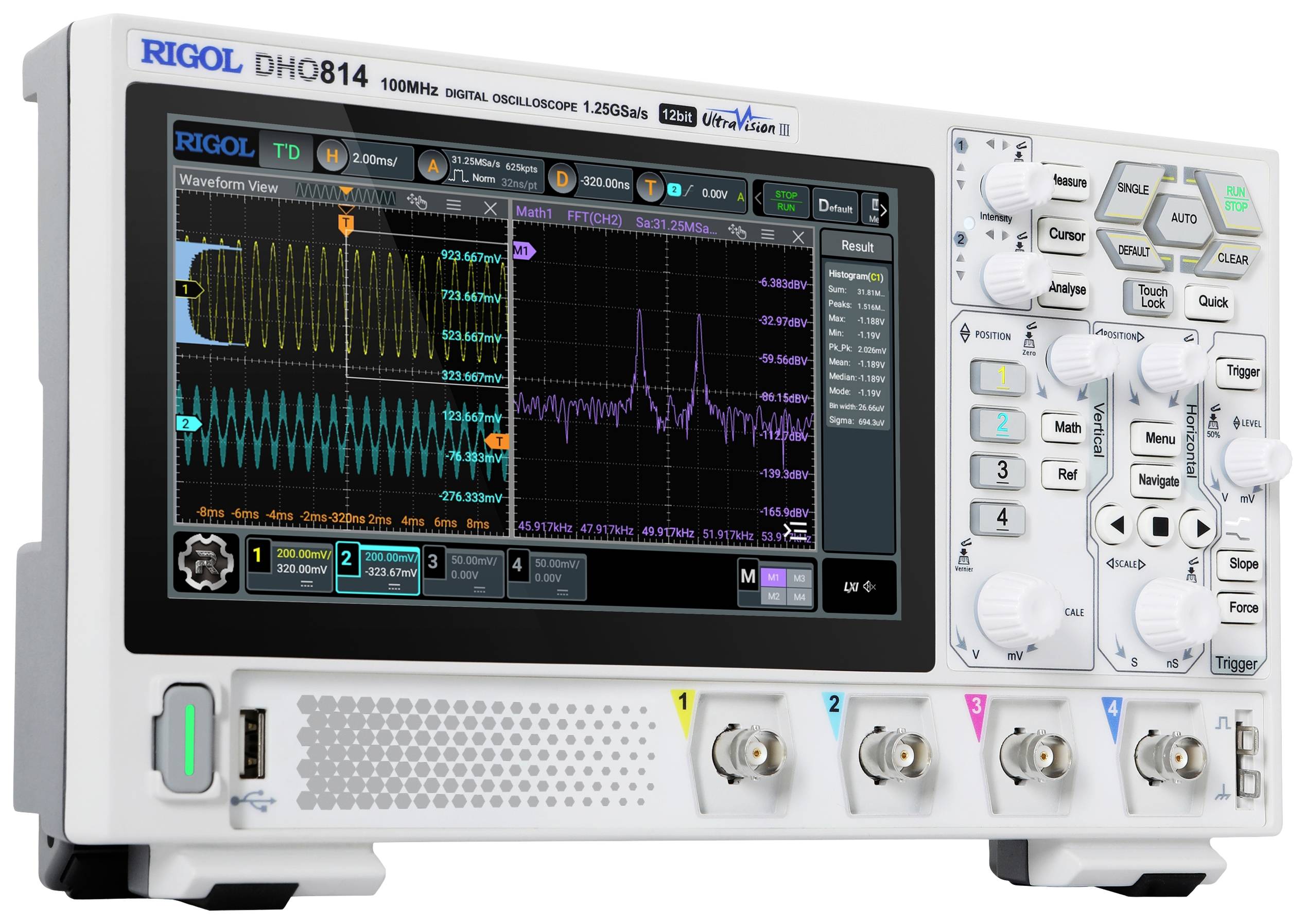 A digital oscilloscope displays two signals on the screen: a sinusoidal one and another with more pronounced fluctuations, showing frequency and voltage readings.