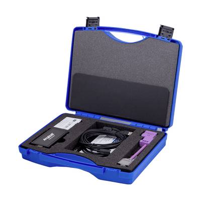 A blue suitcase with foam lining contains electronic devices: a black device, cables and adapters. Ideal for organising tech accessories.